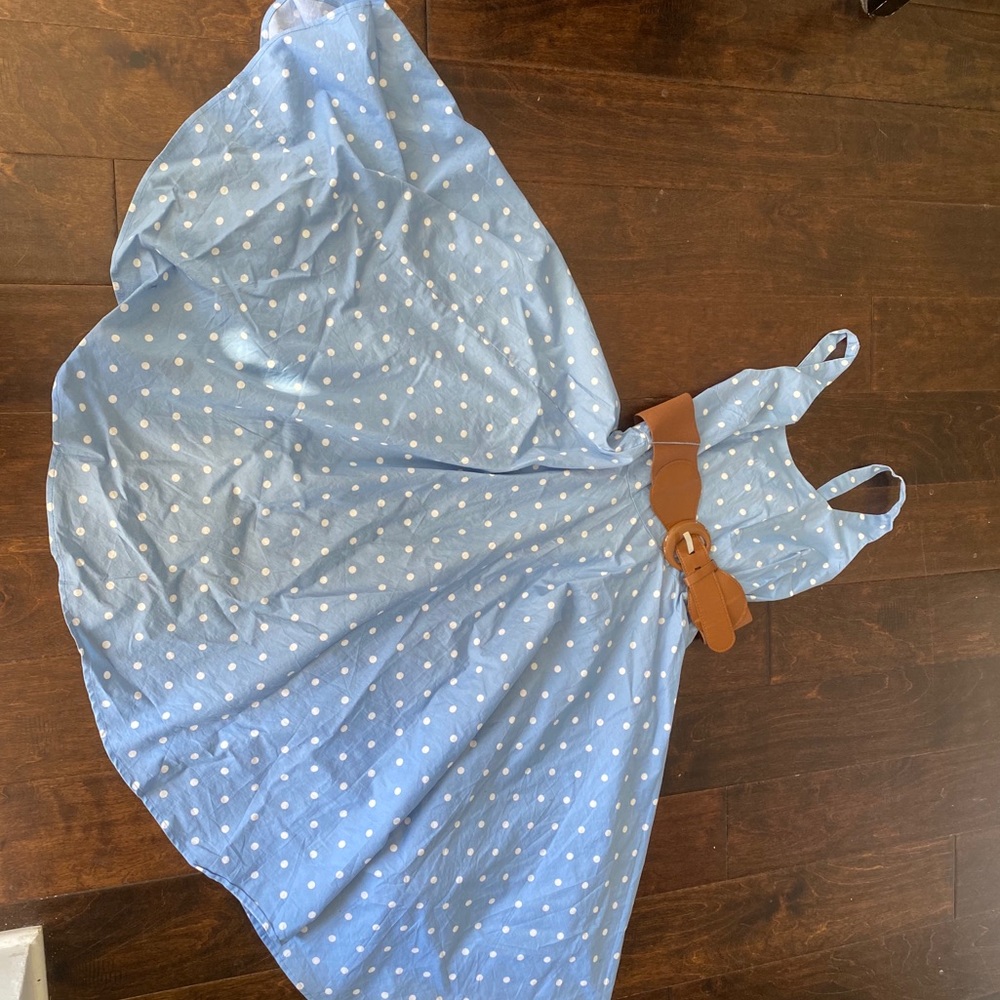 Light blue polka dot dress with brown belt.